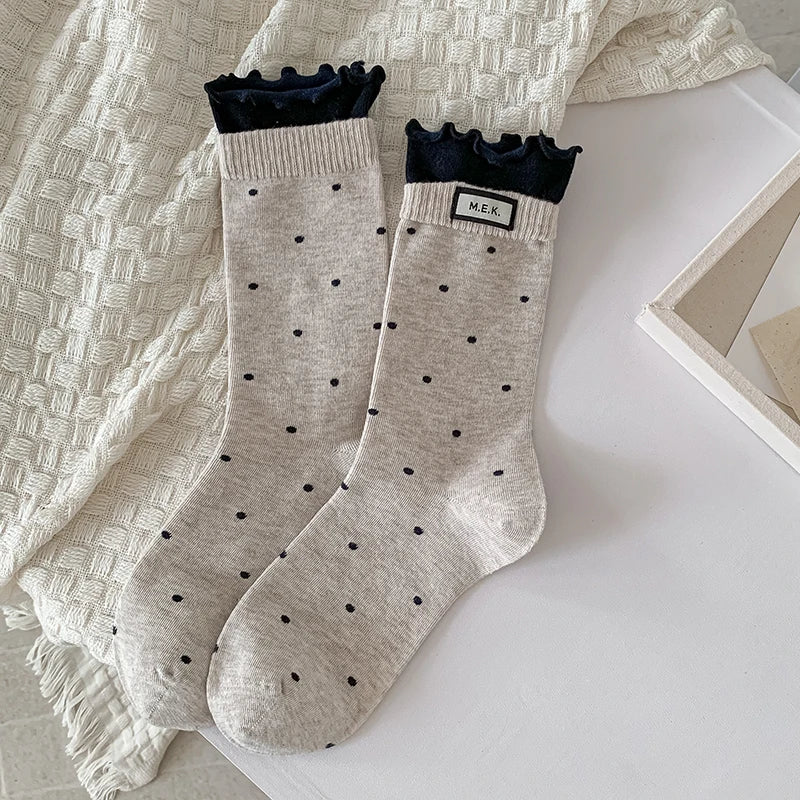 Polka Dot Frilly Long Socks for Women