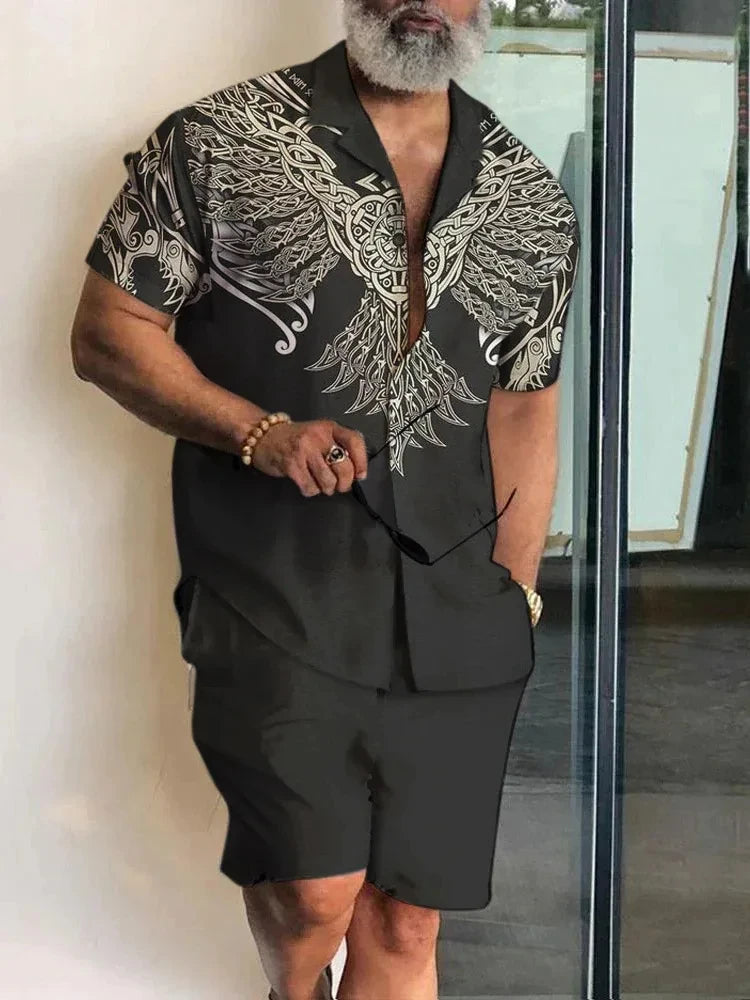 Men Hawaiian Shirt and Drawstring Shorts Vacation Set