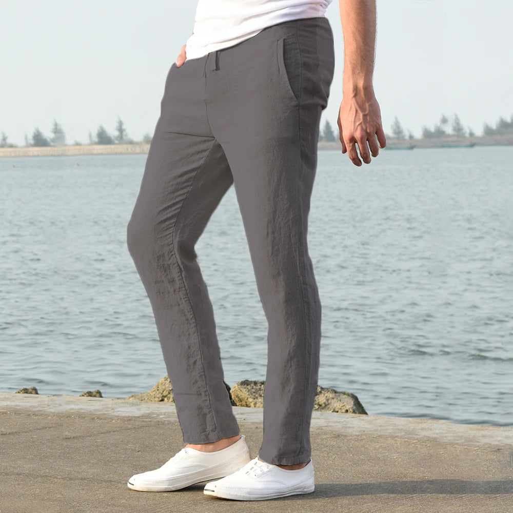 Men Cotton Linen Breathable Straight Trousers Casual
