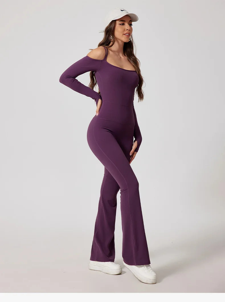 Women Yoga Jumpsuit Flared Trousers Fitness Bodysuit