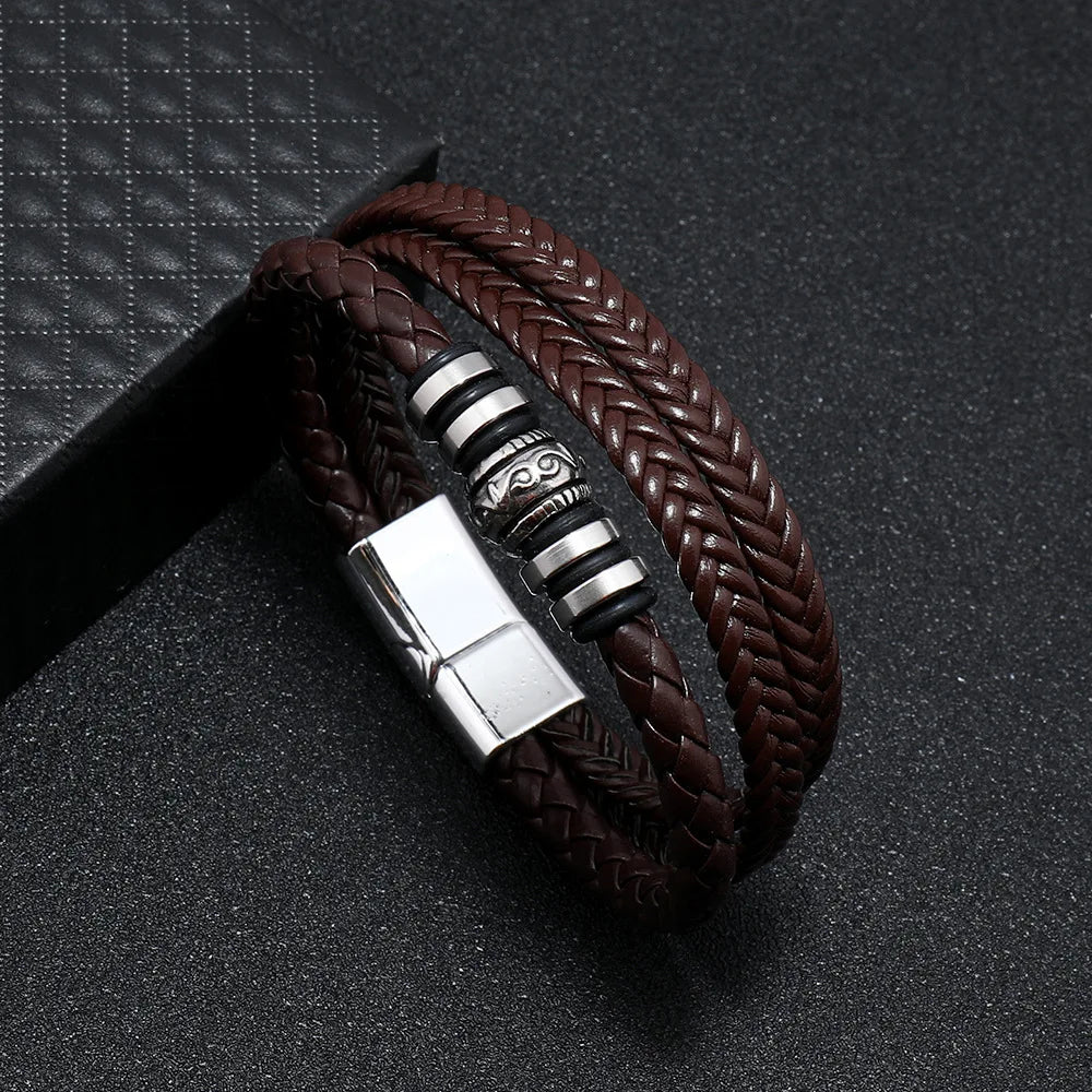 Men Multilayer Leather Rope Stainless Steel Bracelet