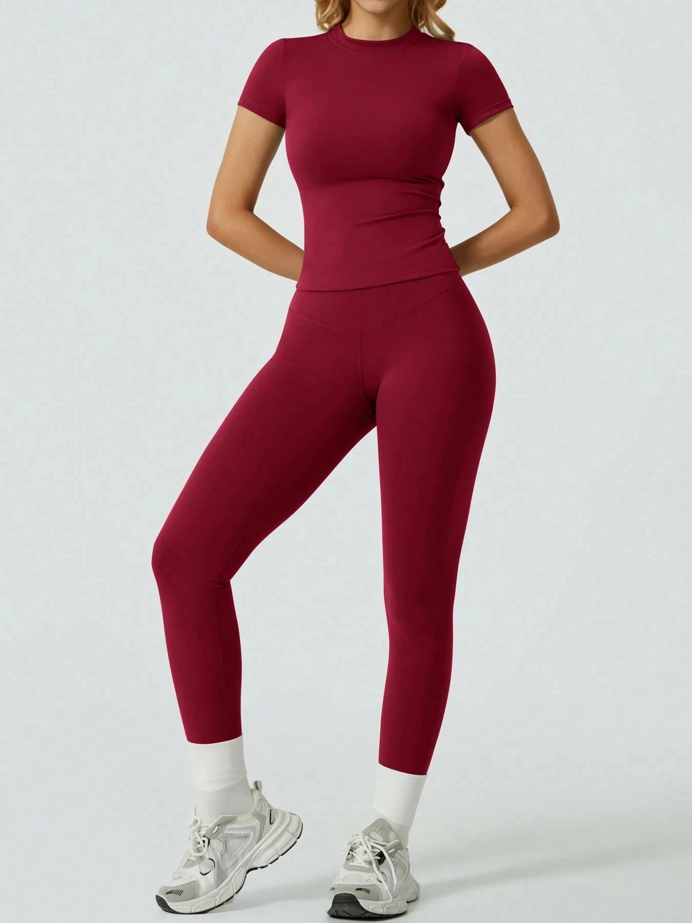 Women 2 Piece Yoga Set Short Sleeve Top and High Waist Leggings Fitness Outfit