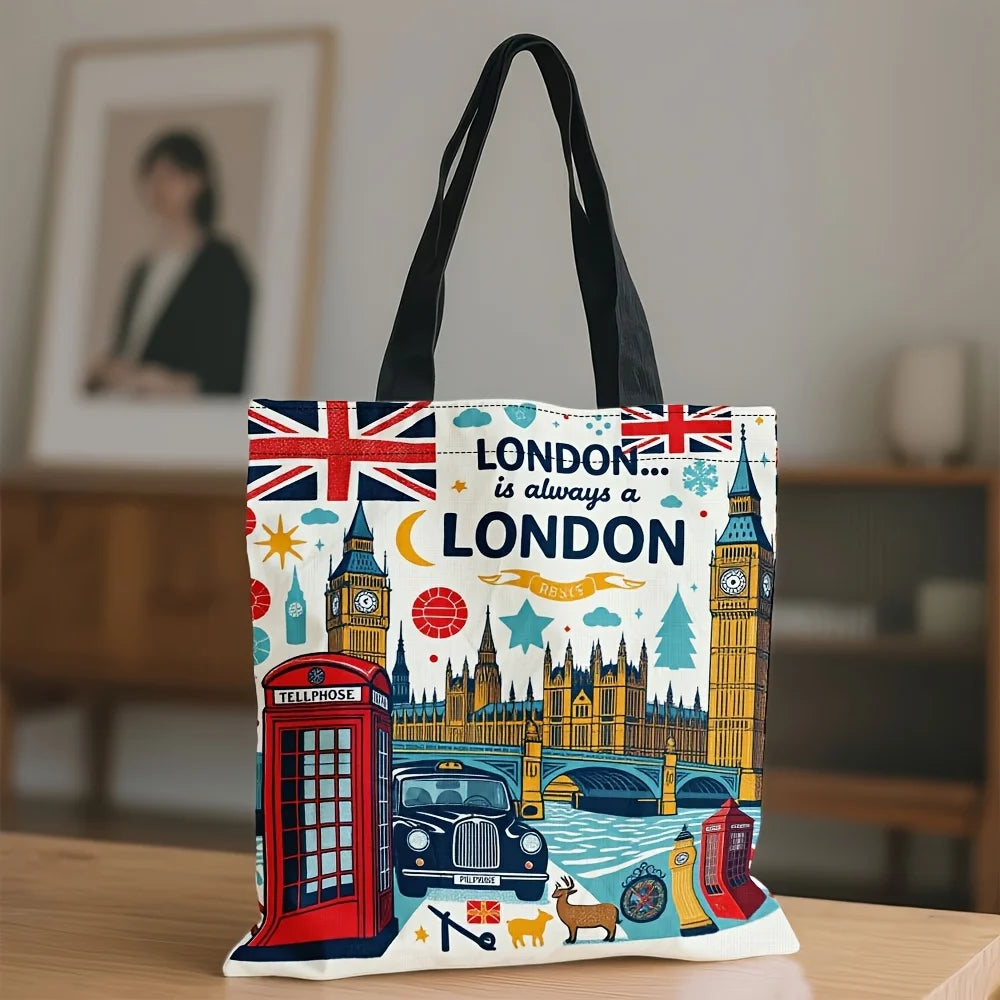 London Theme Reusable Polyester Grocery Tote Bag for Women
