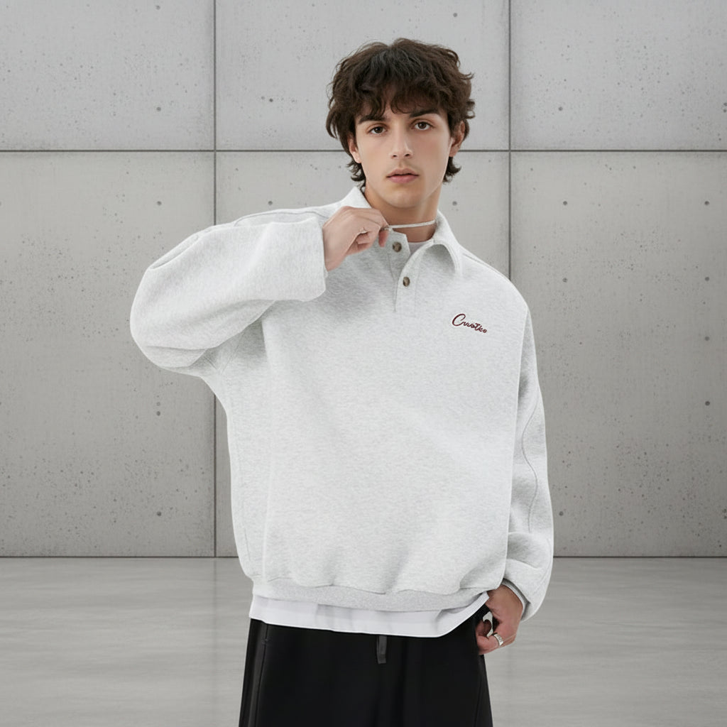 Men Loose Fit Polo Collar Sweatshirt