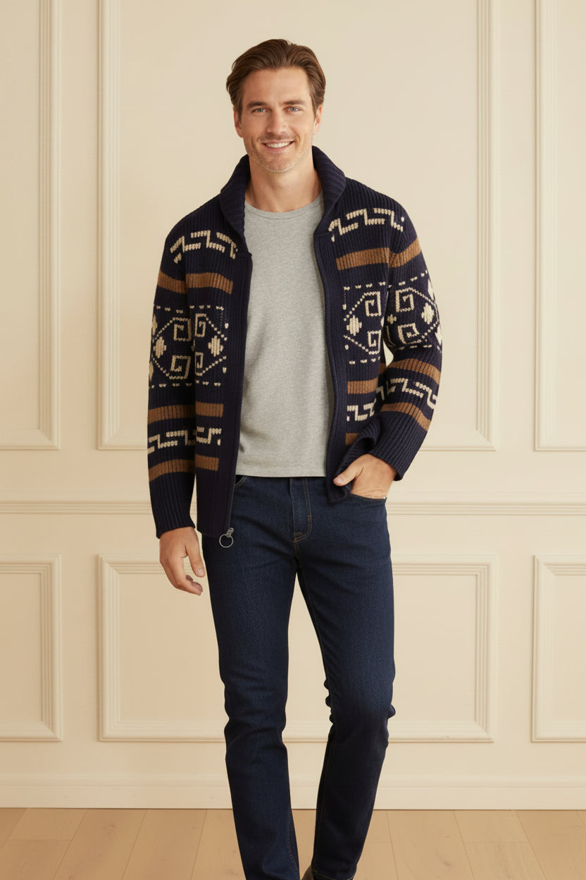 Men Jacquard Shawl Collar Knit Cardigan Jacket