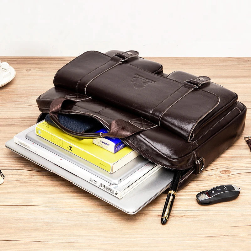 Genuine Leather Double Pocket Briefcase Laptop Crossbody Bag for Men