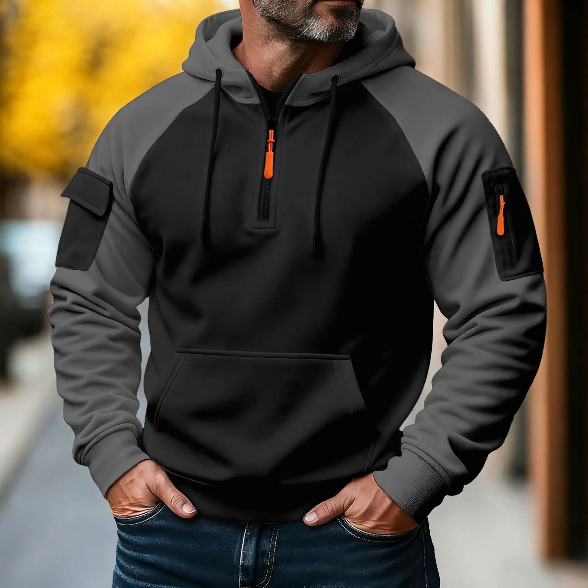Men Hooded Zip Up  Jacket Multi Pocket Gym Hoodie