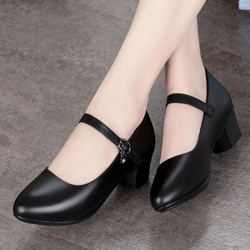 Women Soft Leather Medium Heel Pumps
