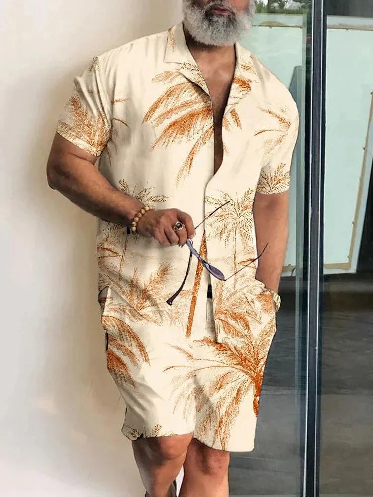 Men Hawaiian Shirt and Drawstring Shorts Vacation Set