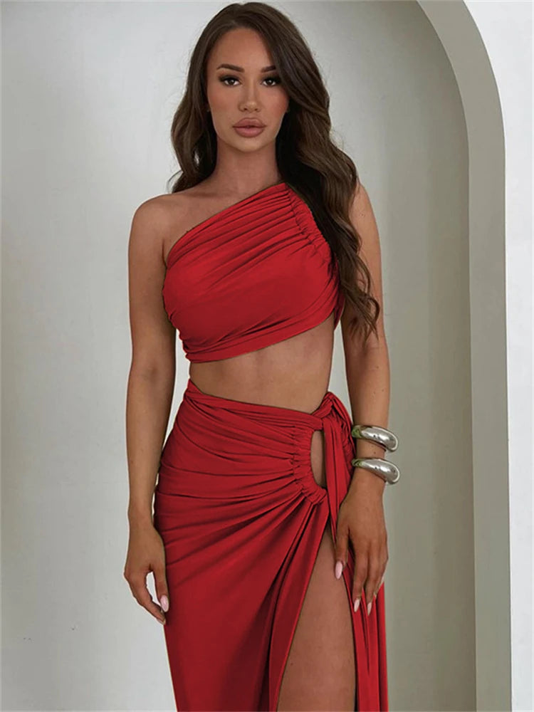 Women Sleeveless Crop Top and Slit Long Skirt 2 Piece Party Set
