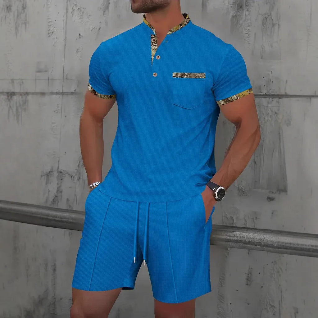 Men Waffle Zip Up Polo Shirt and Shorts Set