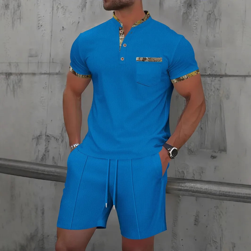 Men Waffle Zip Up Polo Shirt and Shorts Set