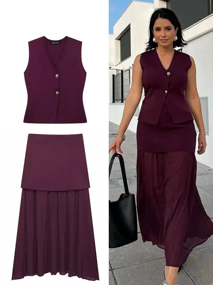 Women Knitted Skirt Set V Neck Sleeveless Vest High Waist Skirt Outfit