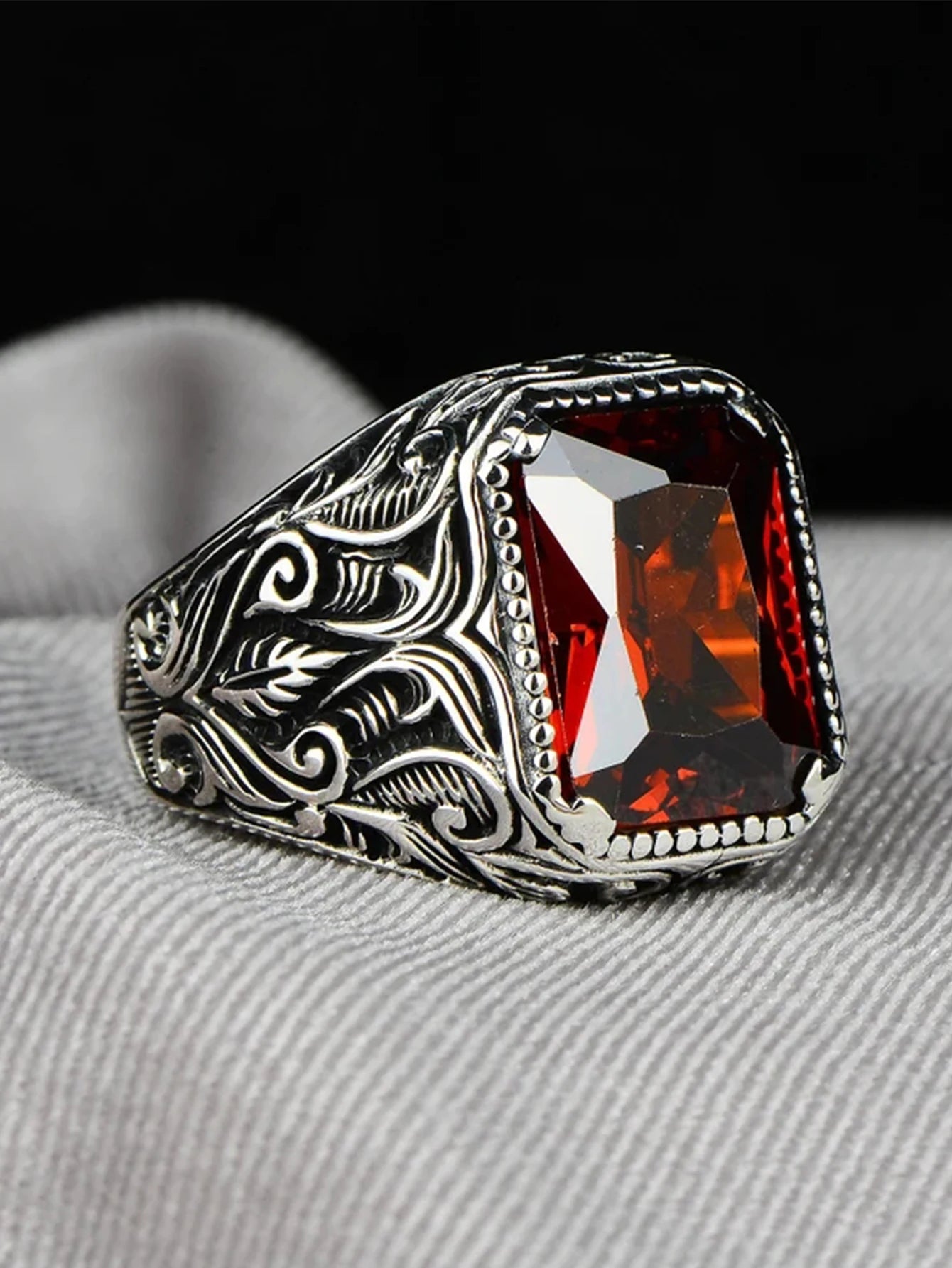 Men Vintage Turkish Signet Zircon Biker Ring