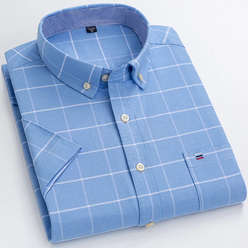 Men Cotton Oxford Plaid Short Sleeve Shirt