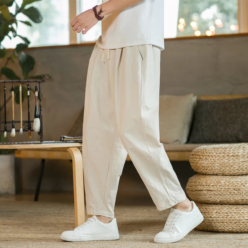 Men Cotton Linen Drawstring Casual Pants Loose Fit Trousers