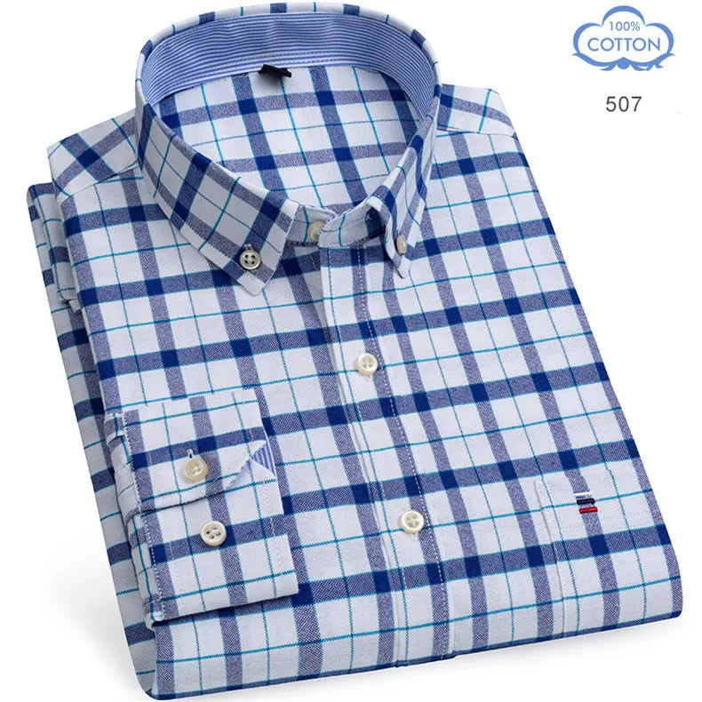 Men Cotton Oxford Plaid Long Sleeve Shirt