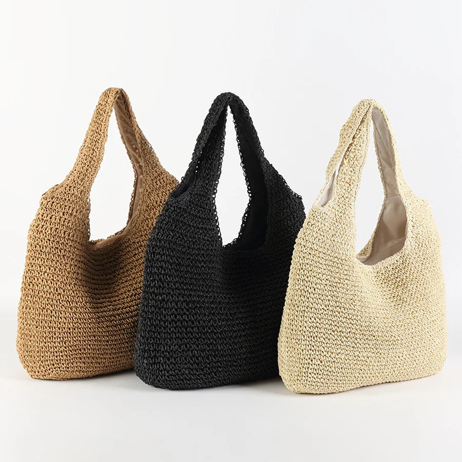 Large Capacity Woven Straw Wrist Bag for Women