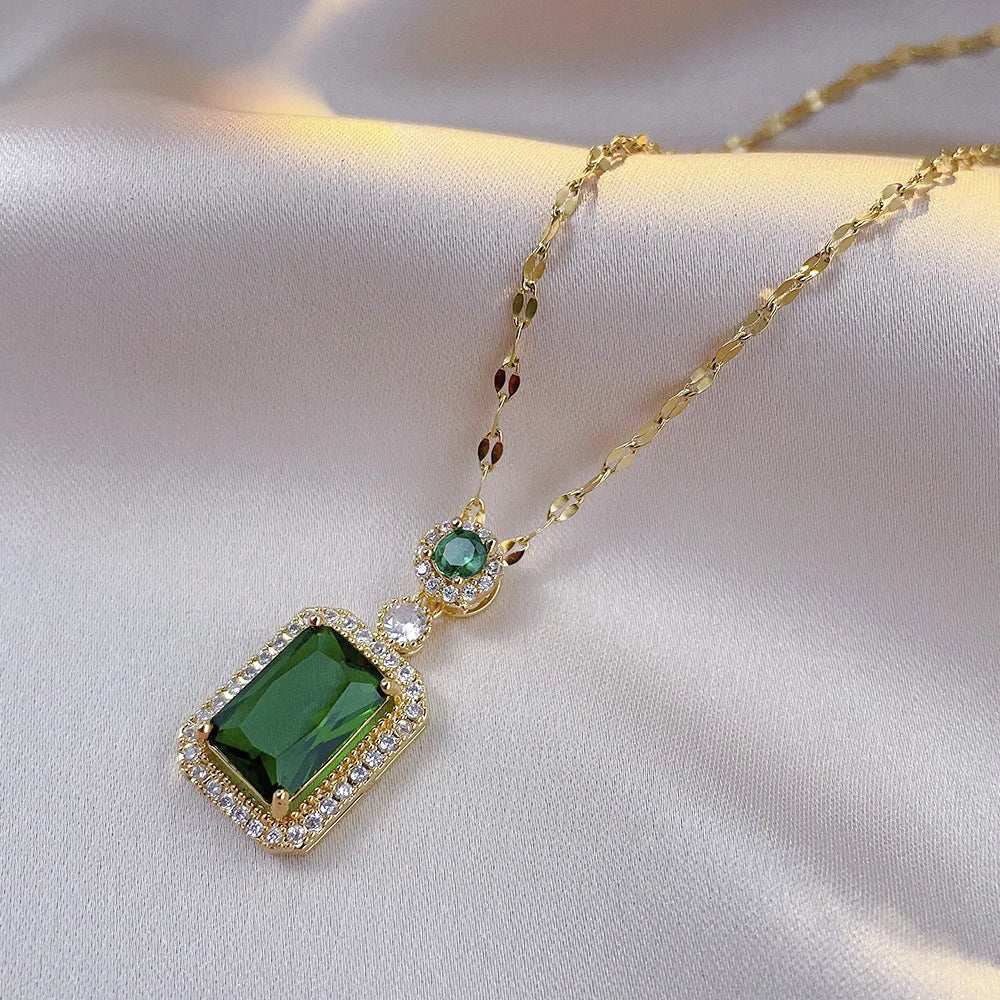 Women Rhinestone Quadrate Necklace Earrings Ring Jewelry Set