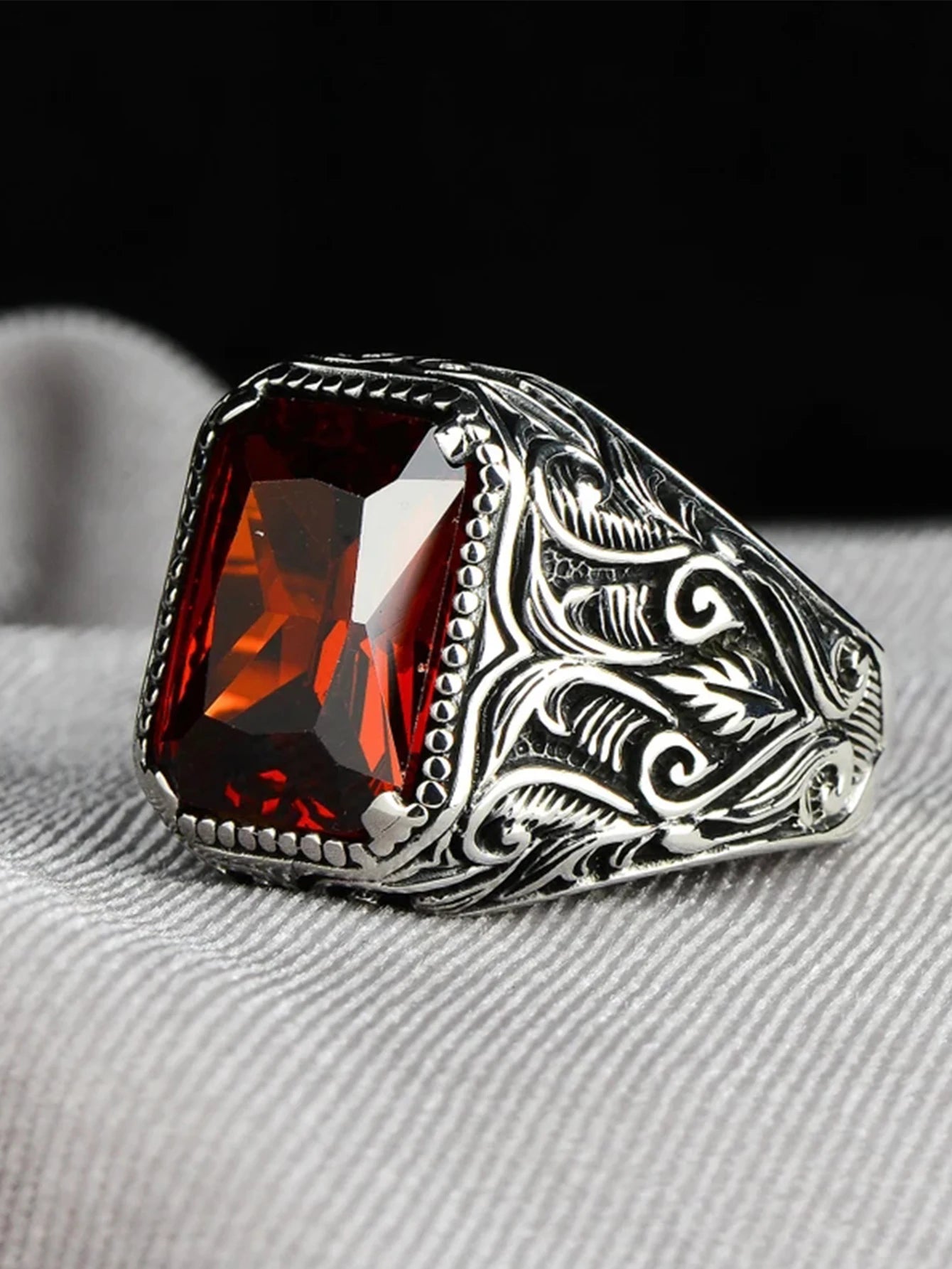 Men Vintage Turkish Signet Zircon Biker Ring