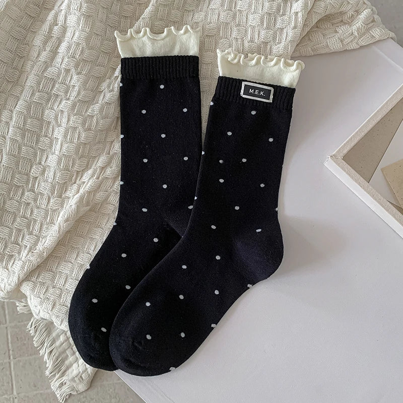 Polka Dot Frilly Long Socks for Women