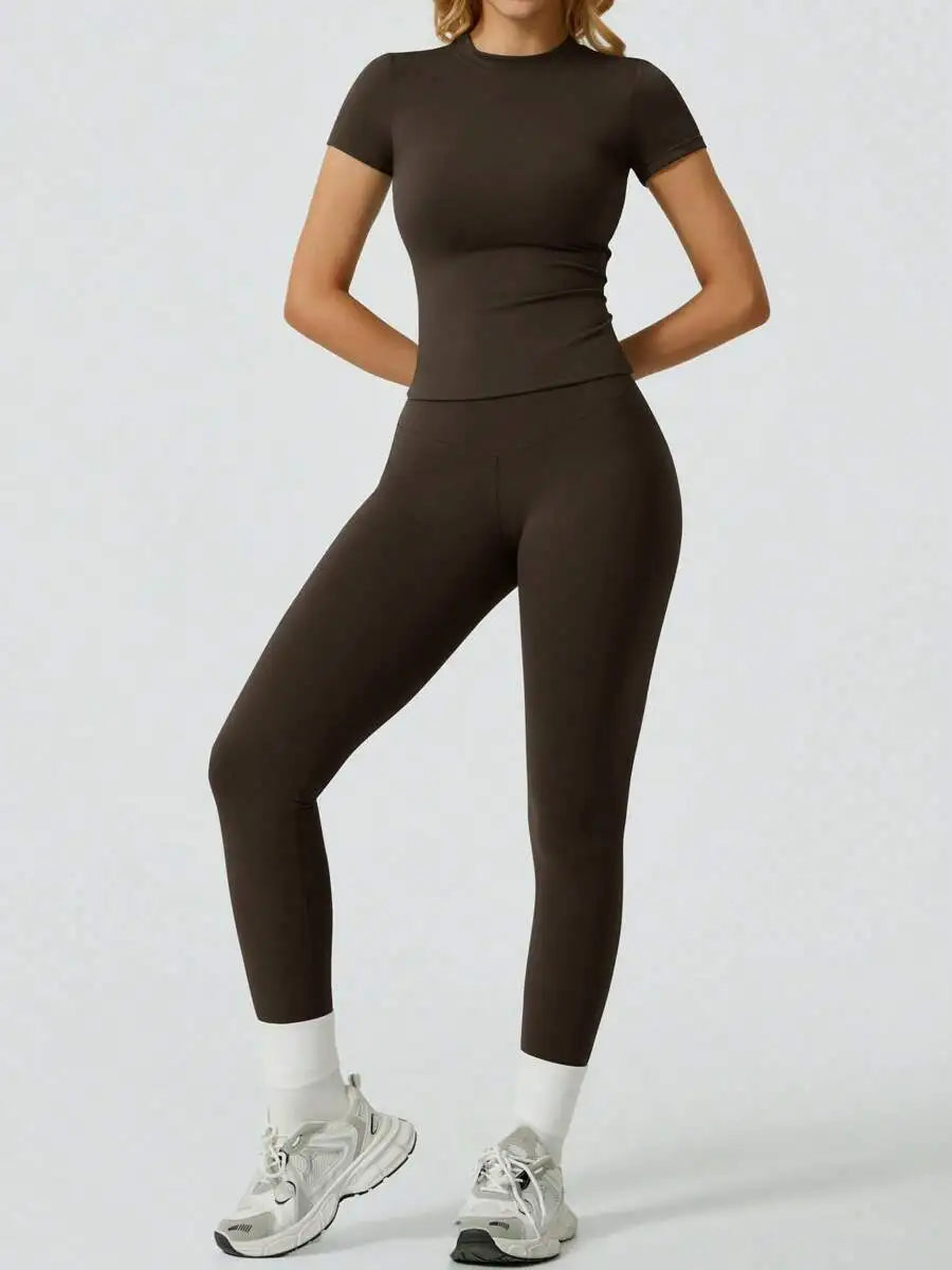 Women 2 Piece Yoga Set Short Sleeve Top and High Waist Leggings Fitness Outfit