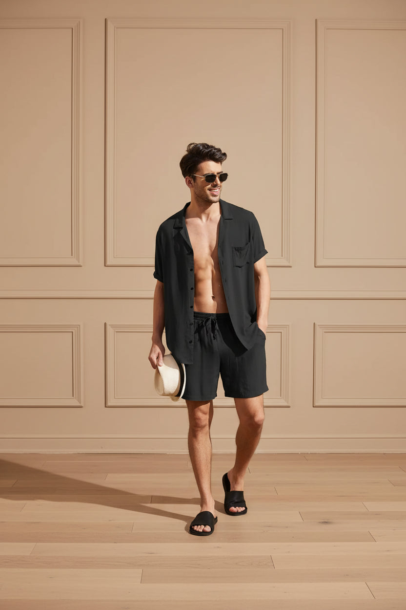 Men Cotton Linen Shirt Shorts Set