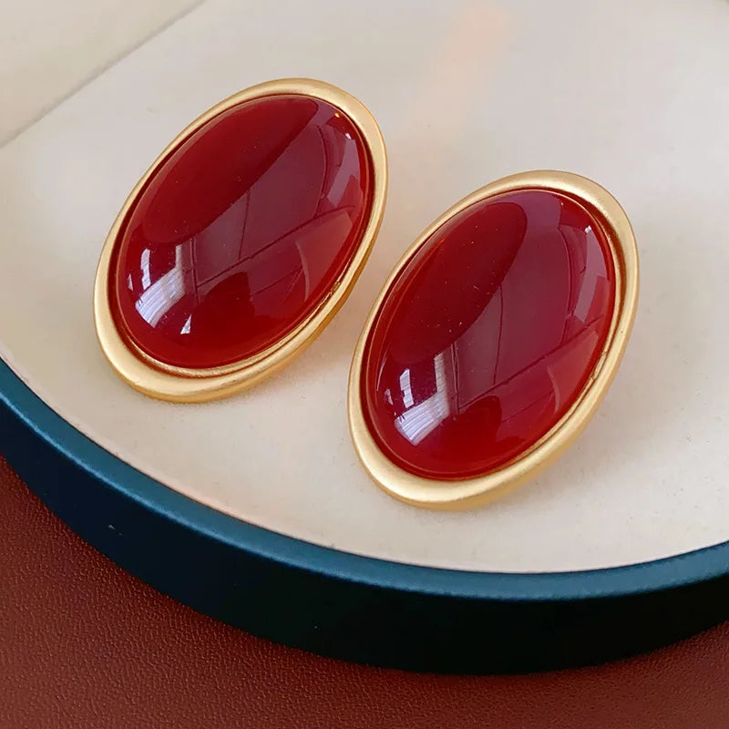 Women Vintage Red Resin Geometric Oval Stud Earrings