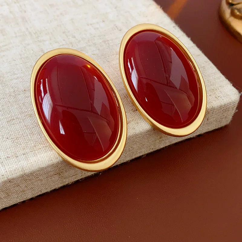 Women Vintage Red Resin Geometric Oval Stud Earrings
