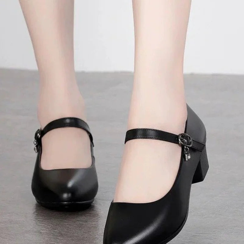 Women Soft Leather Medium Heel Pumps