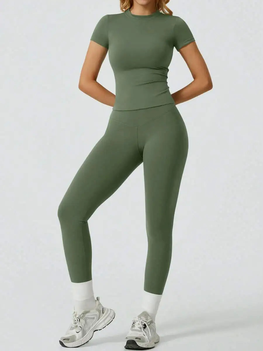 Women 2 Piece Yoga Set Short Sleeve Top and High Waist Leggings Fitness Outfit