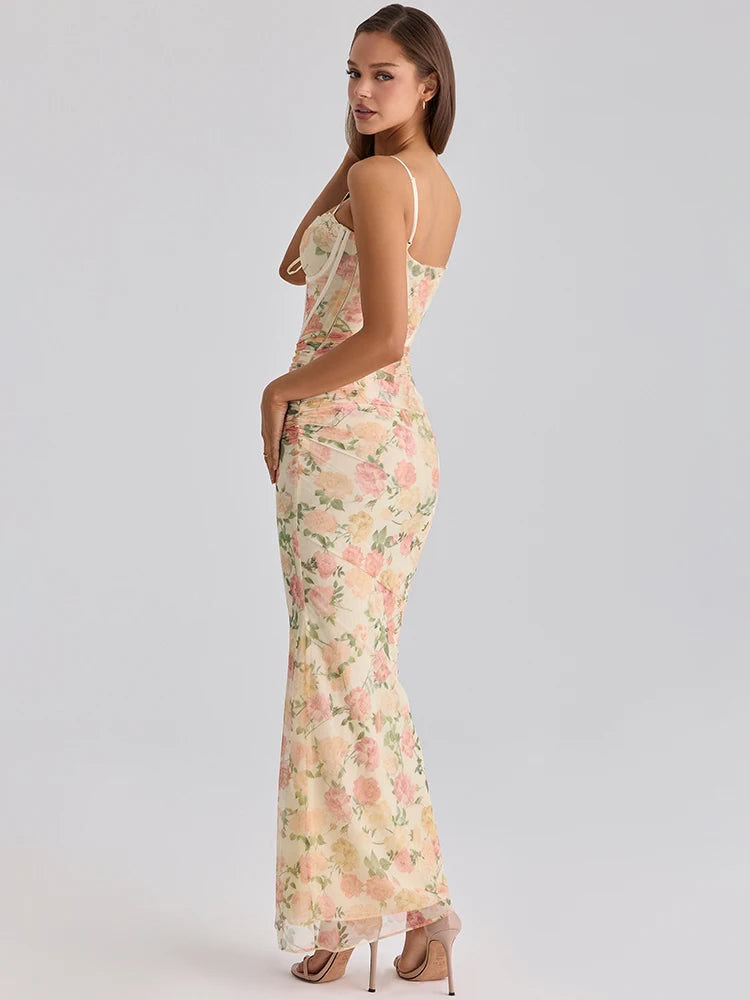 Women Floral Print Backless Maxi Bodycon Dress