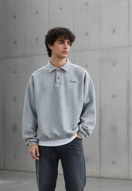 Men Loose Fit Polo Collar Sweatshirt