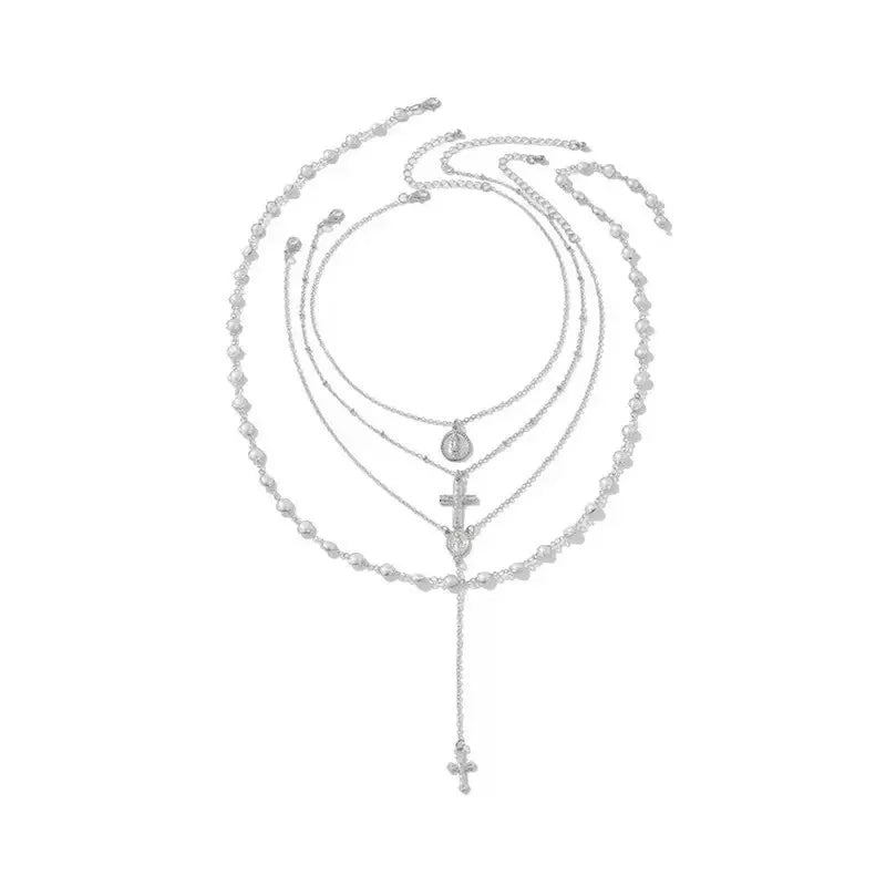 Women Cross Pearl Multi Layer Bead Necklace Set Jewelry