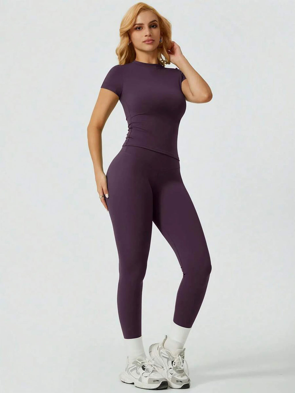 Women 2 Piece Yoga Set Short Sleeve Top and High Waist Leggings Fitness Outfit