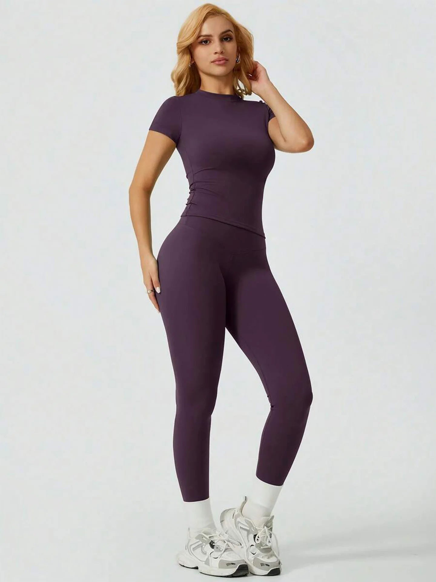 Women 2 Piece Yoga Set Short Sleeve Top and High Waist Leggings Fitness Outfit