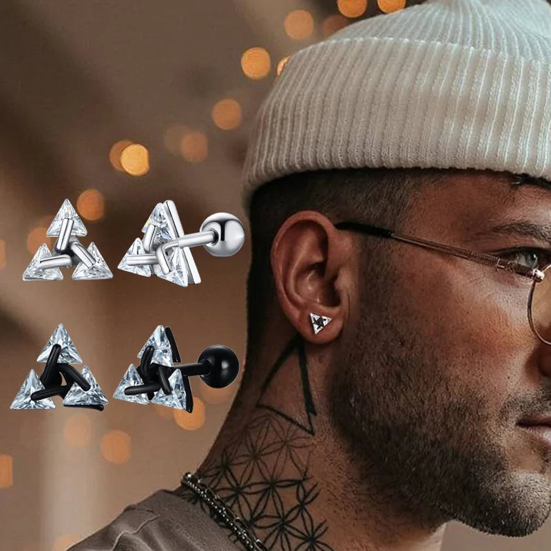 Men Triangle Zircon Stainless Steel Stud Earrings