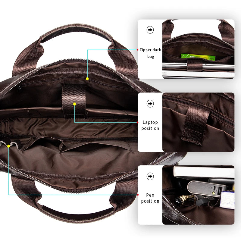 Genuine Leather Double Pocket Briefcase Laptop Crossbody Bag for Men