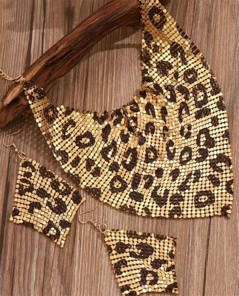 Women Leopard Print Bib Necklace Earrings Jewelry Set