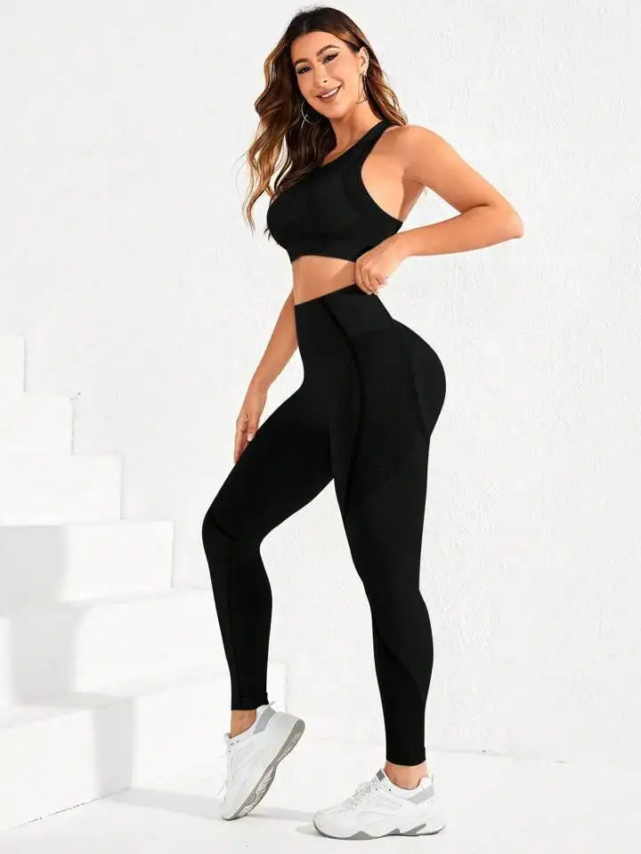 Women Seamless Yoga Bodysuit Set Sports Bra and High Waist Leggings