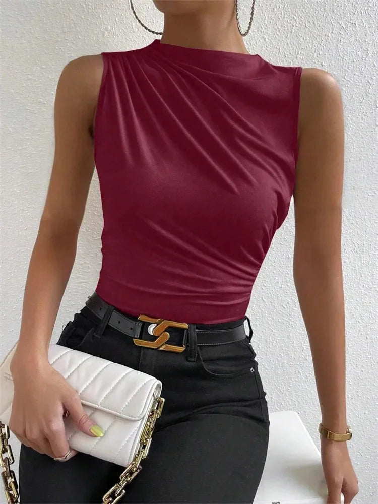 Women Mock Neck Ruched Sleeveless Tank Top