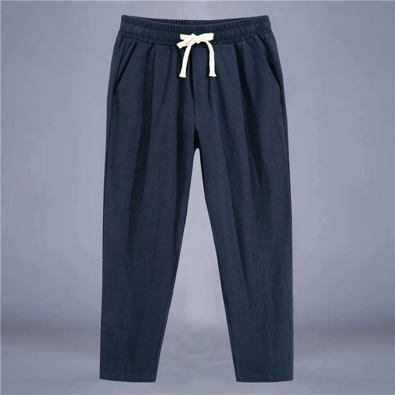 Men Cotton Linen Drawstring Casual Pants Loose Fit Trousers
