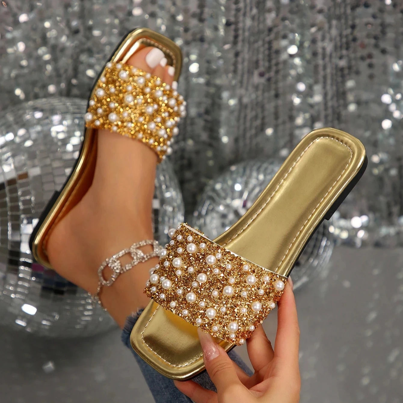 Women Rhinestone Flat Fashion Slippers