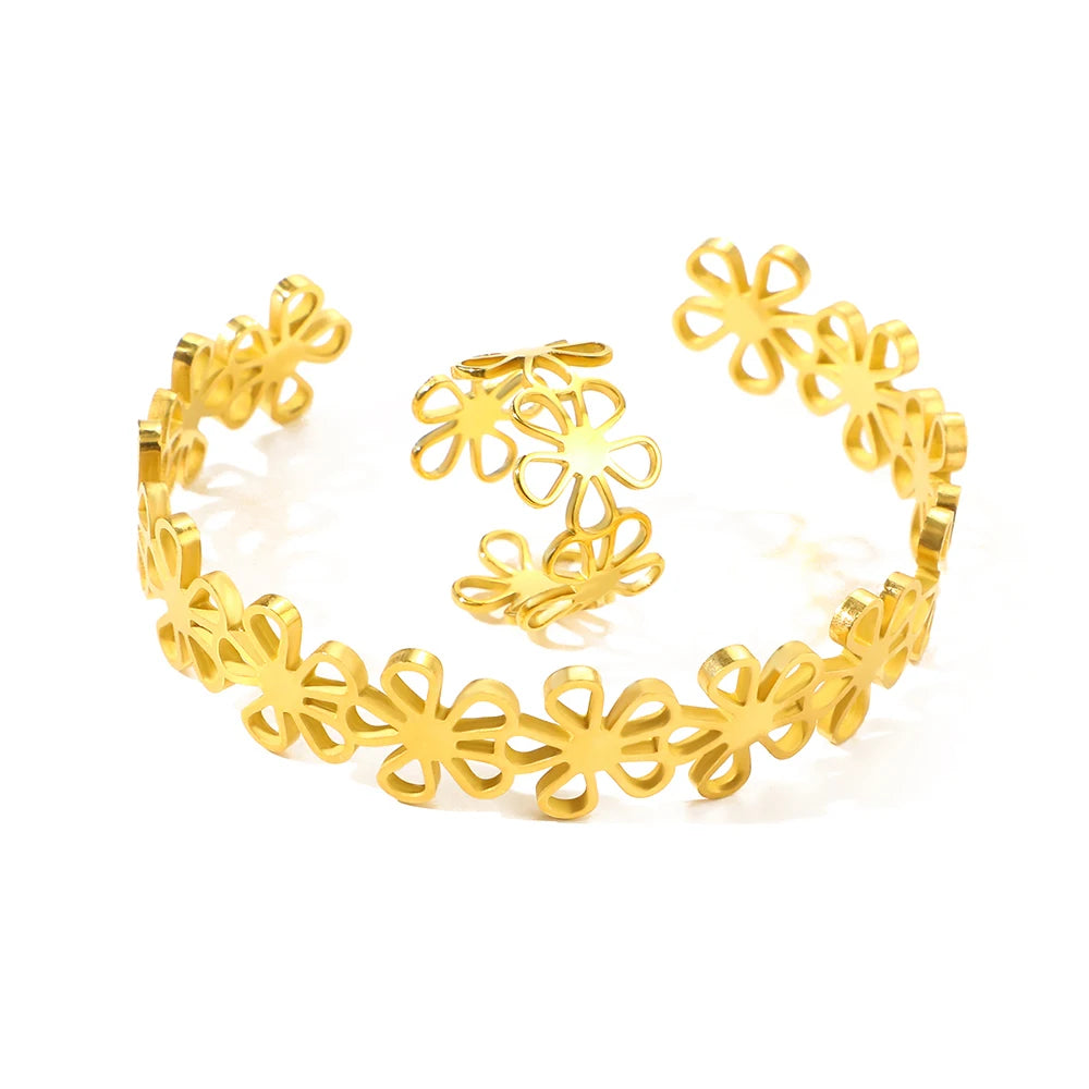 Women Stainless Steel Flower Bracelet Ring Set Retro Jewelry