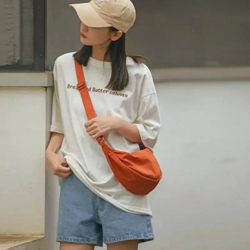 Men and Women Solid Color Chest Bag for Large Capacity Travel Crossbody Female Half Moon Bag Daily Cotton Filled Shoulder Bag