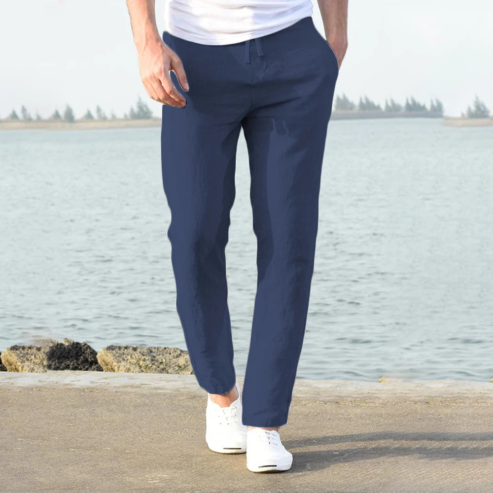Men Cotton Linen Breathable Straight Trousers Casual