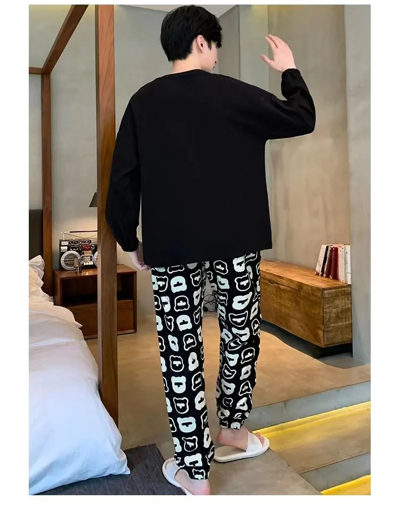 Plus Size Men Pajama Set Long Sleeve Two Piece Sleepwear