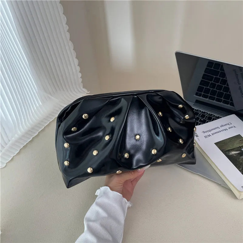 Rivet Pleated PU Leather Evening Bag for Women
