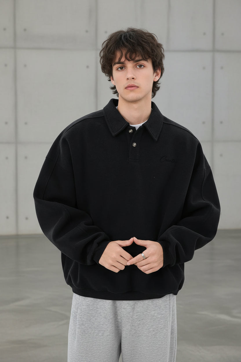 Men Loose Fit Polo Collar Sweatshirt