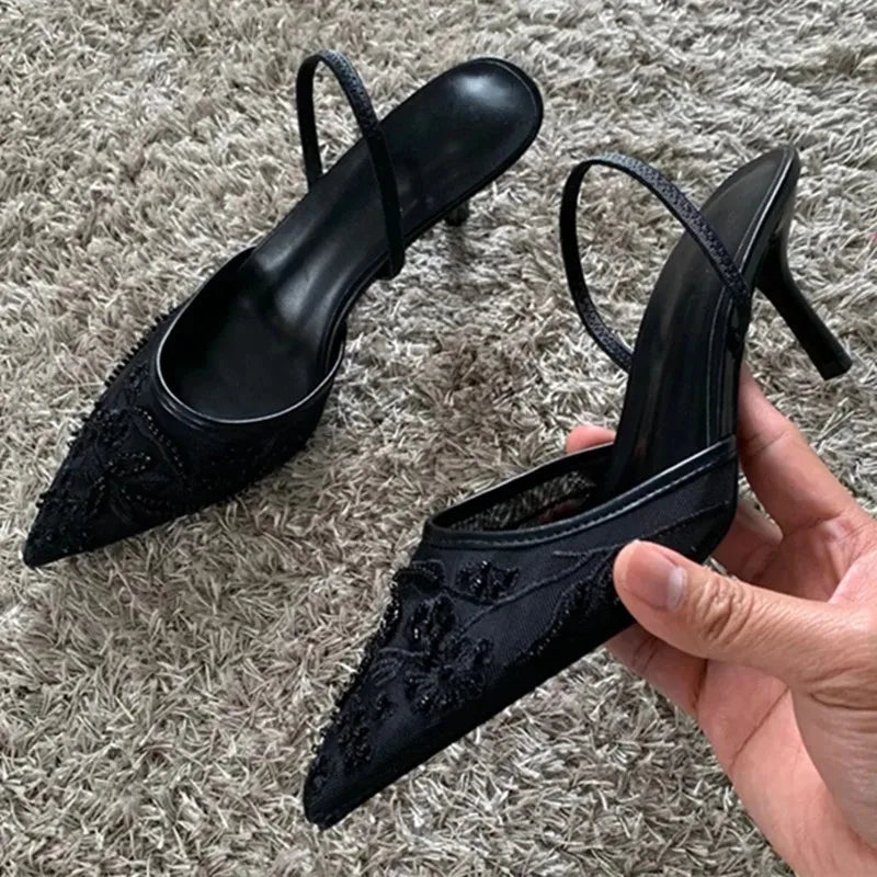 Women Mesh Embroidered High Heel Pumps
